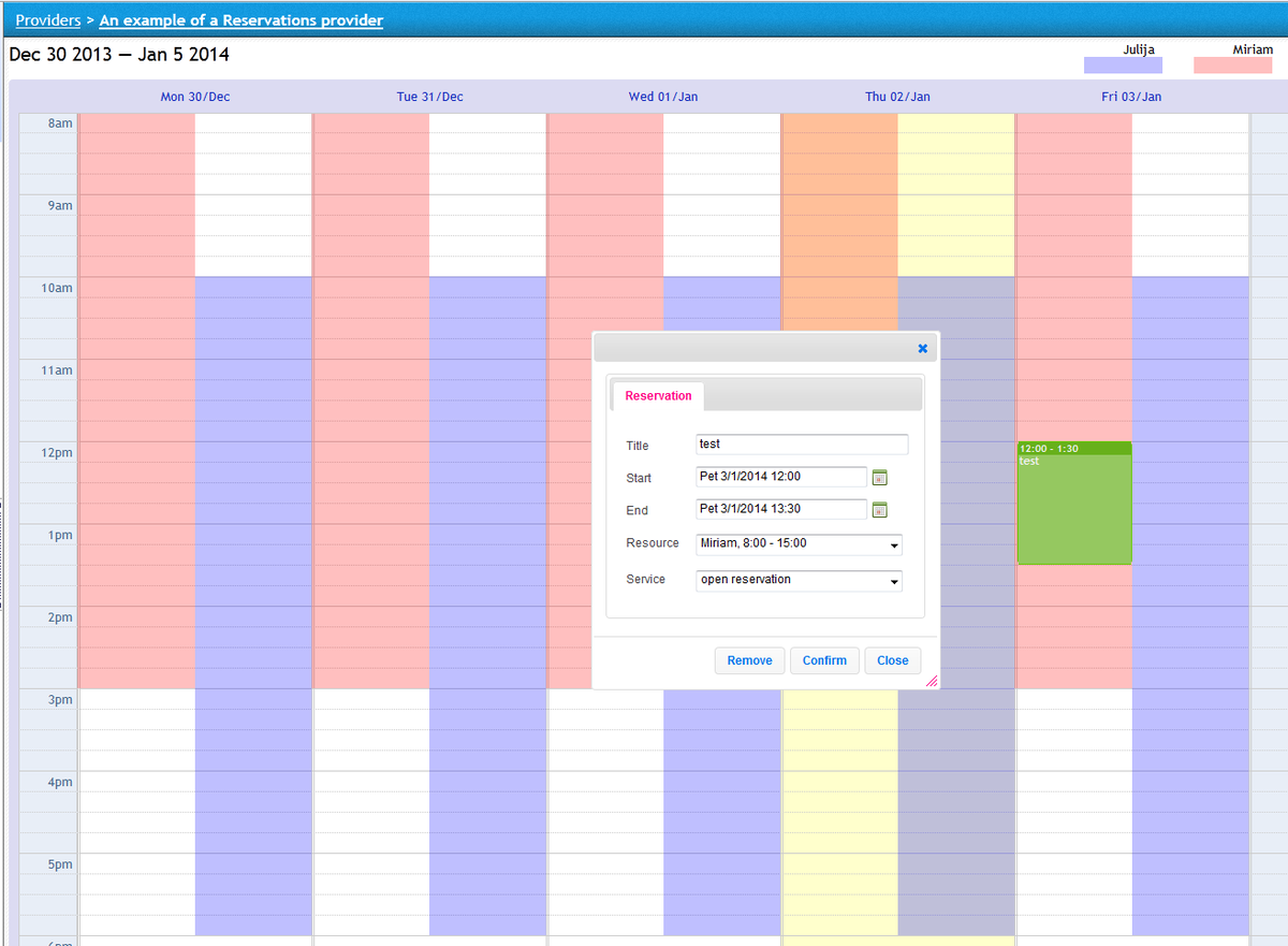 Online reservations system screenshot