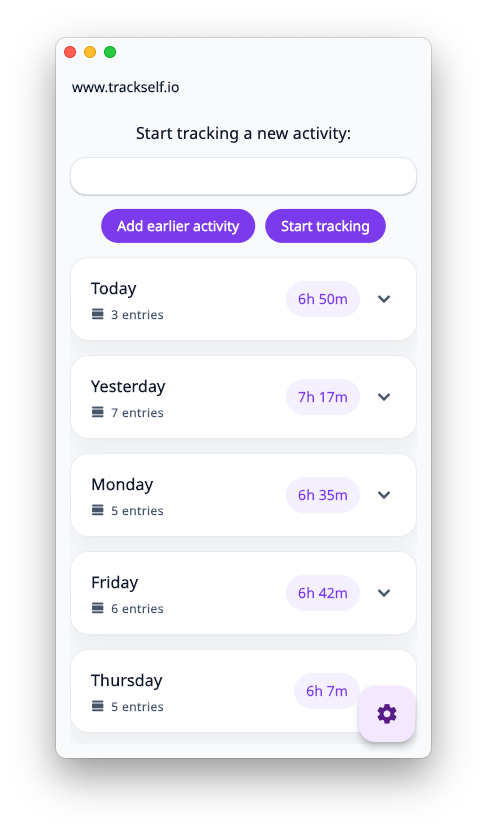 Trackself desktop app showing the main tracking view while not actively tracking